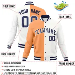 Orange White-Navy Two Tone Split Varsity Full-Snap Letterman Jacket 4