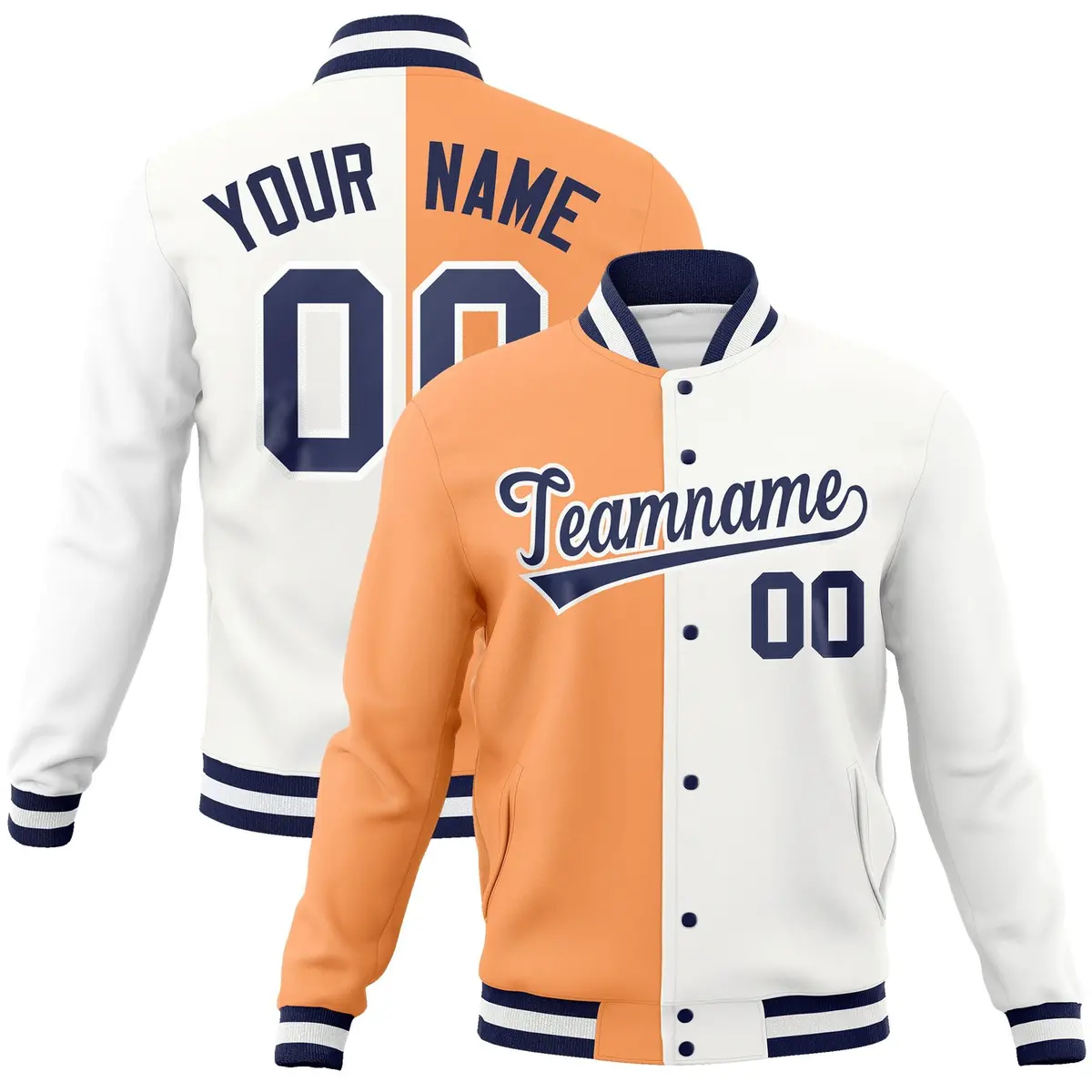 Orange White-Navy Two Tone Split Varsity Full-Snap Letterman Jacket