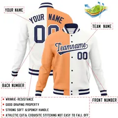Orange White-Navy Two Tone Split Varsity Full-Snap Letterman Jacket 4