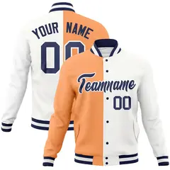 Orange White-Navy Two Tone Split Varsity Full-Snap Letterman Jacket 1