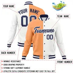 Orange White-Navy Two Tone Split Varsity Full-Snap Letterman Jacket 4