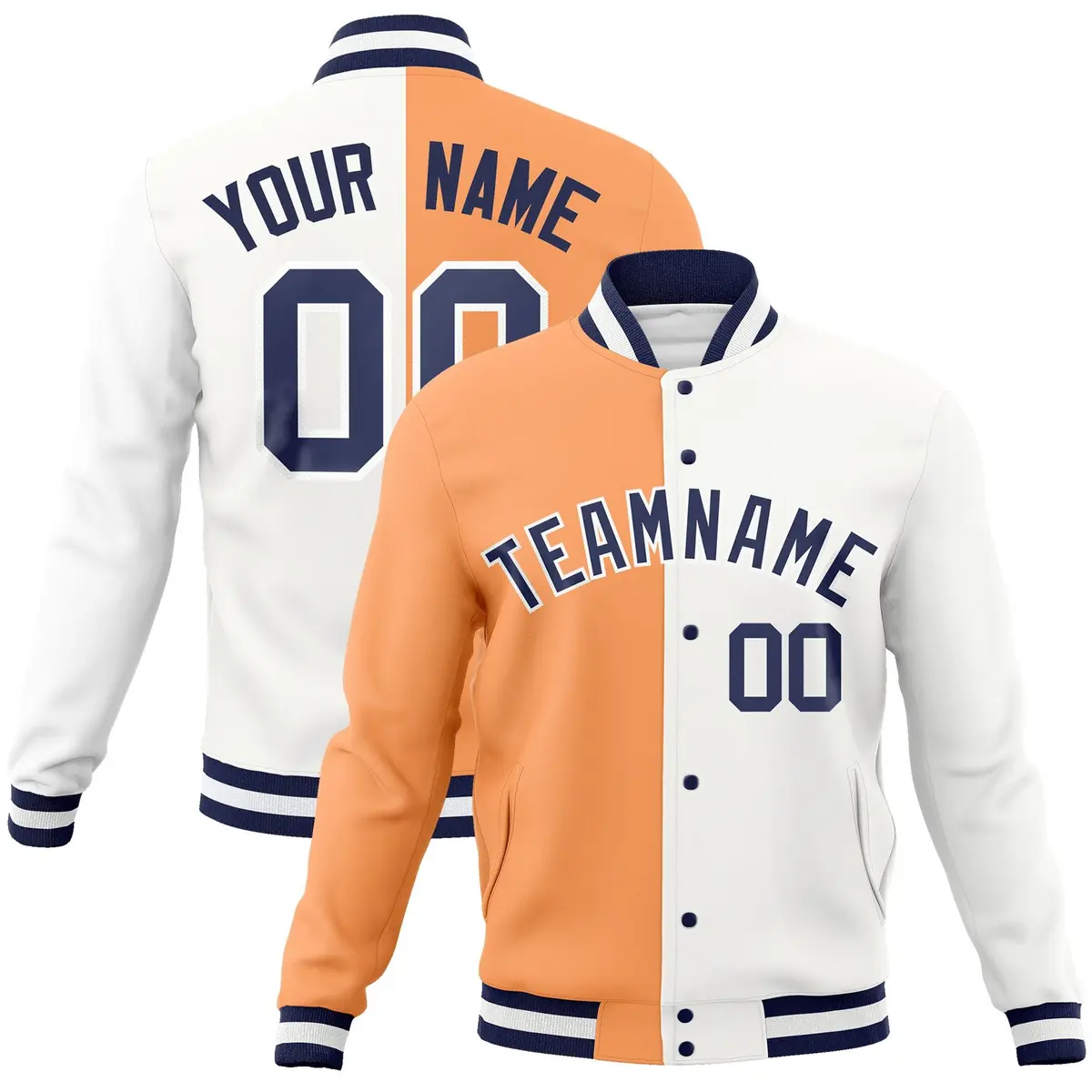 Orange White-Navy Two Tone Split Varsity Full-Snap Letterman Jacket