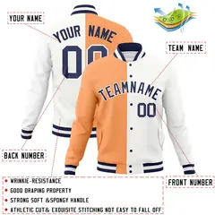 Orange White-Navy Two Tone Split Varsity Full-Snap Letterman Jacket 4