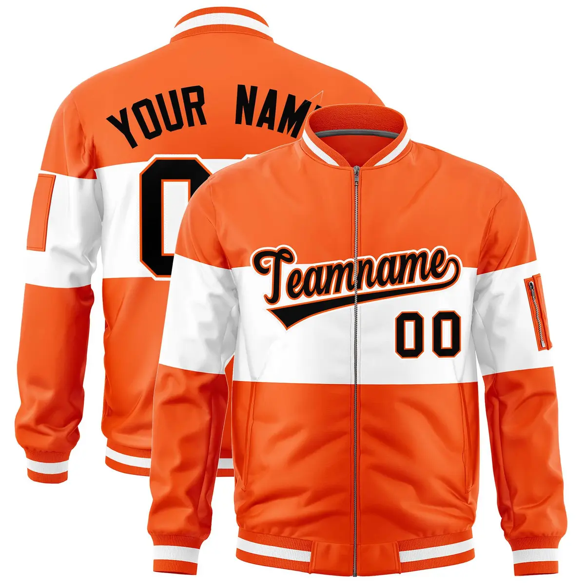 Orange White-Orange Color Block Full-Zip Varsity Letterman Bomber Jacket