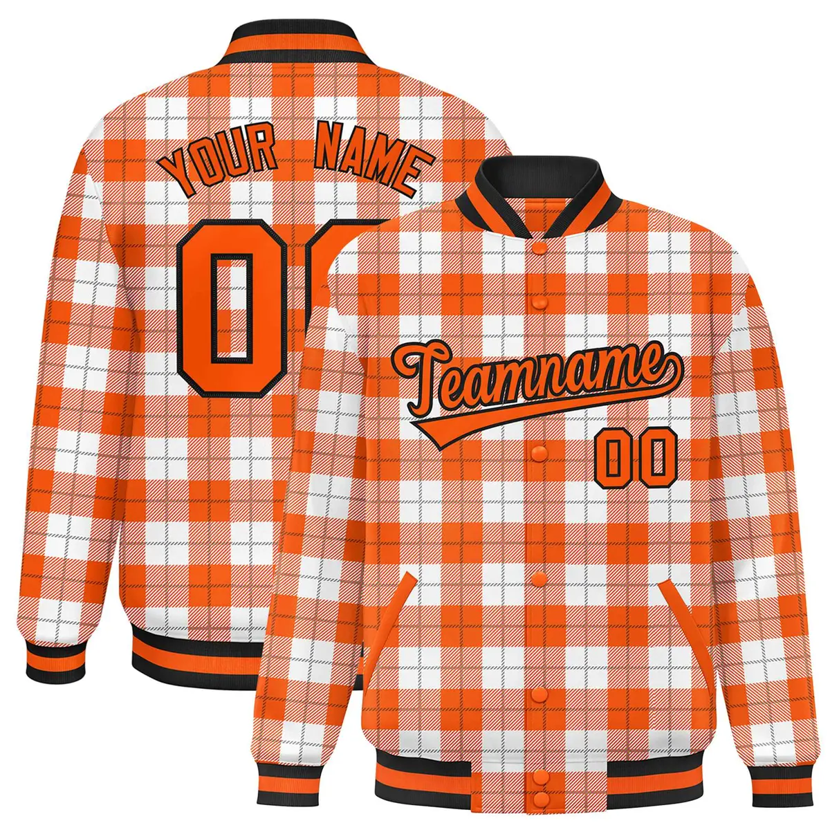 Orange White Plaid Varsity Letterman Baseball Jacket