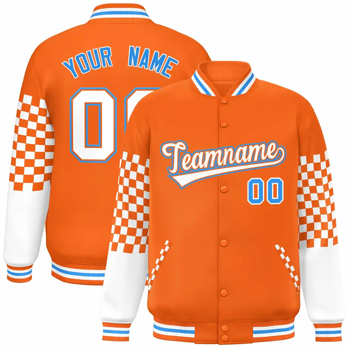 Orange White-Powder Blue Checkered Color Block Bomber Varsity Jacket