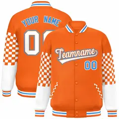 Orange White-Powder Blue Checkered Color Block Bomber Varsity Jacket