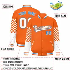 Orange White-Powder Blue Checkered Color Block Bomber Varsity Jacket 2