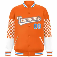 Orange White-Powder Blue Checkered Color Block Bomber Varsity Jacket 3