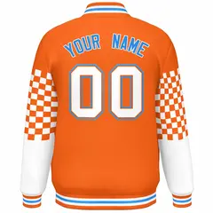 Orange White-Powder Blue Checkered Color Block Bomber Varsity Jacket 4