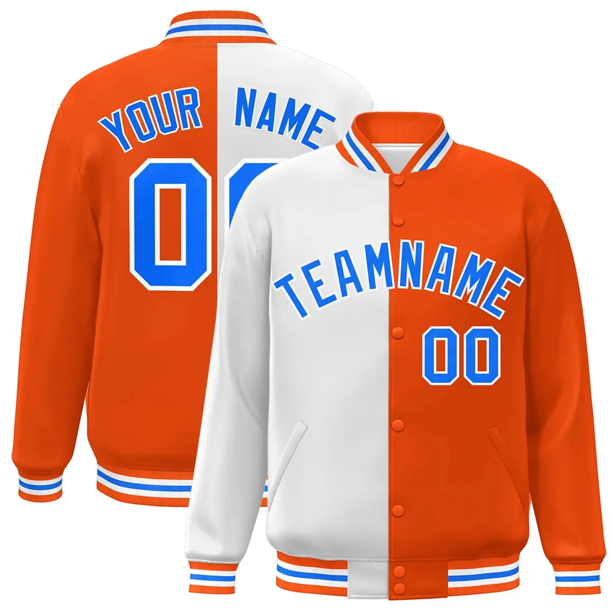 Orange White-Powder Blue Split Full-Snap Letterman Jacket