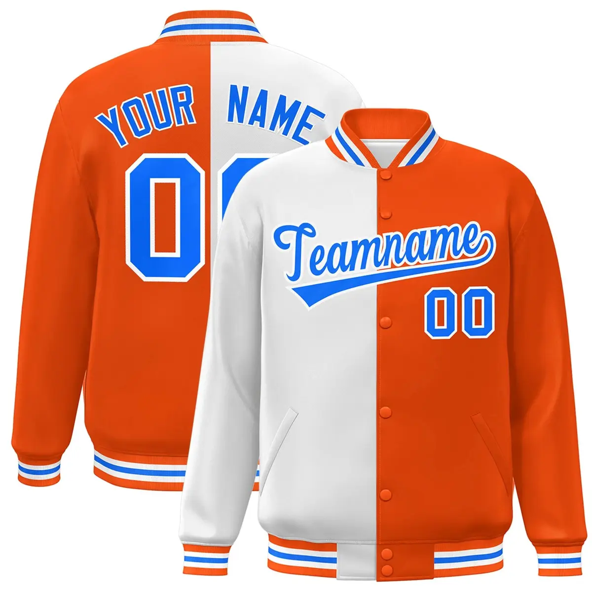 Orange White-Powder Blue Split Full-Snap Letterman Jacket