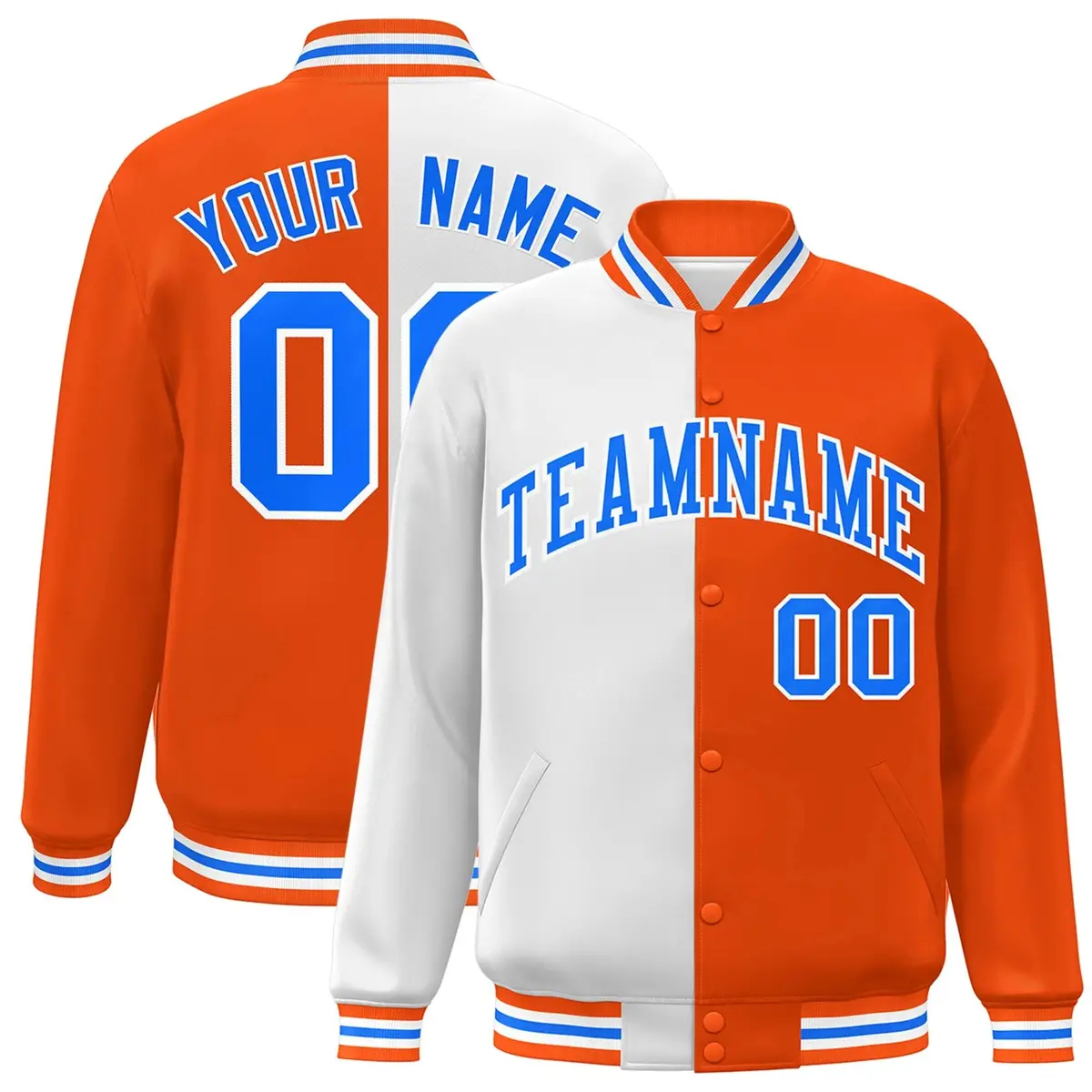 Orange White-Powder Blue Split Full-Snap Letterman Jacket