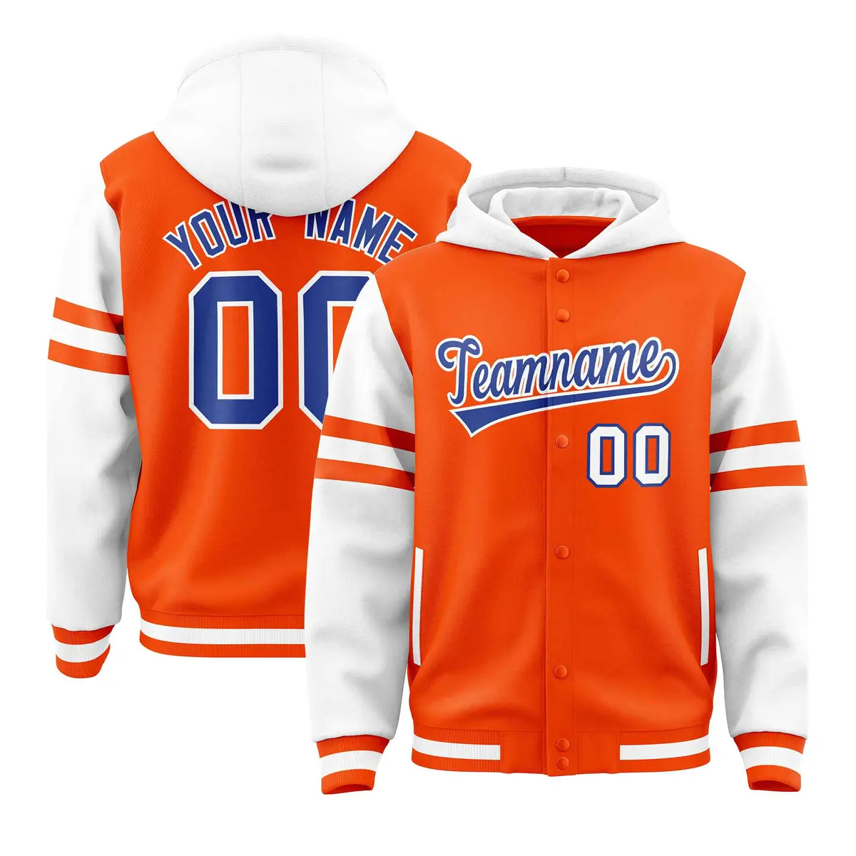 Orange White Raglan Three Stripes Varsity Letterman Jacket Hoodie