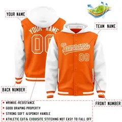 Orange White Raglan Two Tone Varsity Full-Snap Letterman Jacket Hoodie 4