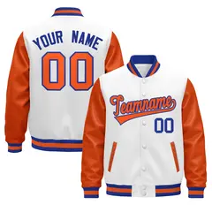 Orange White Royal Blue Raglan Varsity Full-Snap Leather Sleeves Letterman Jacket 1