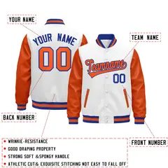 Orange White Royal Blue Raglan Varsity Full-Snap Leather Sleeves Letterman Jacket 2