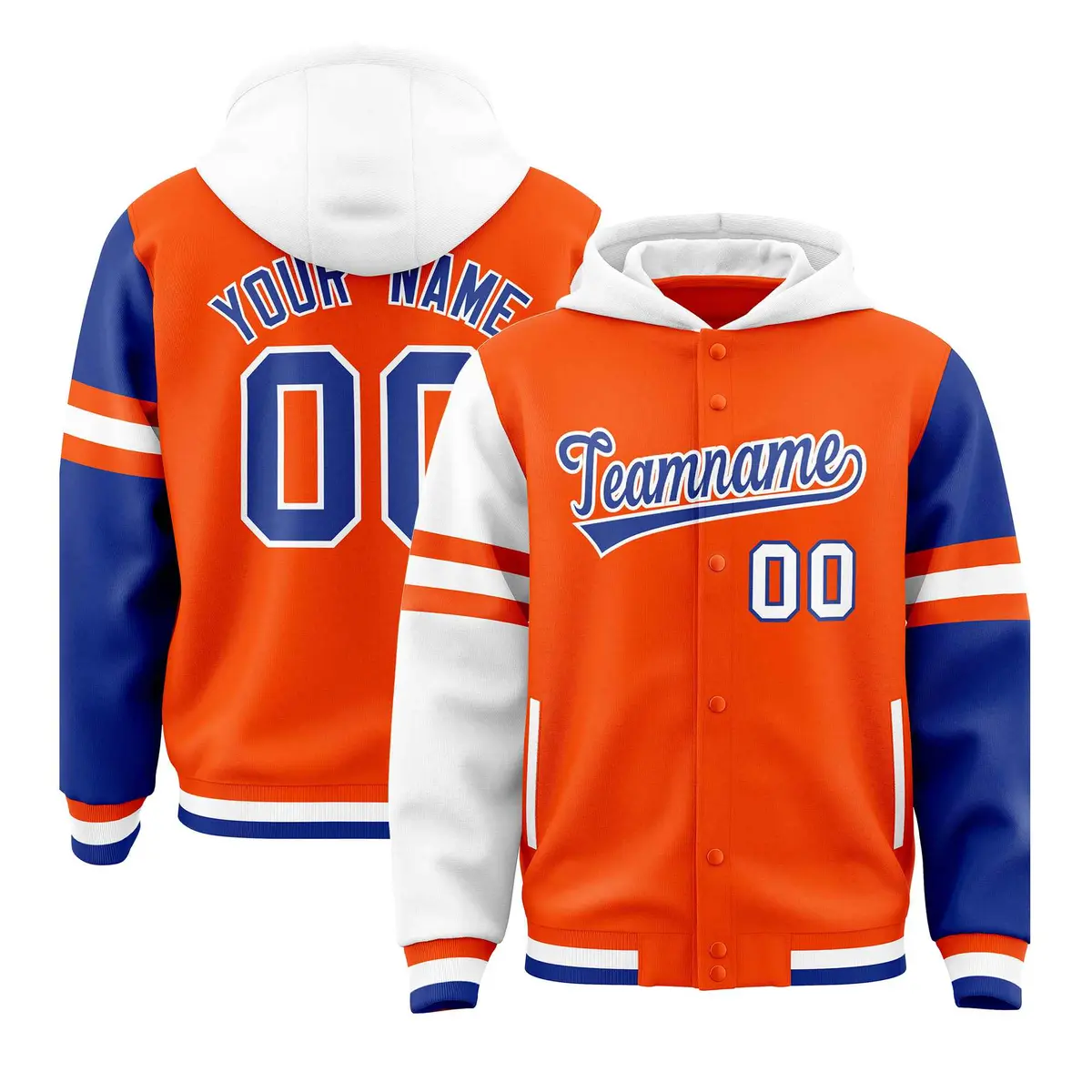 Orange White-Royal Raglan Three Stripes Varsity Full-Snap Letterman Jacket Hoodie
