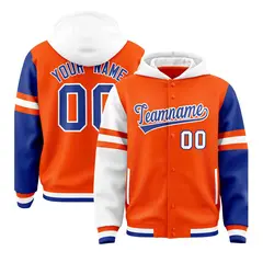 Orange White-Royal Raglan Three Stripes Varsity Full-Snap Letterman Jacket Hoodie 1