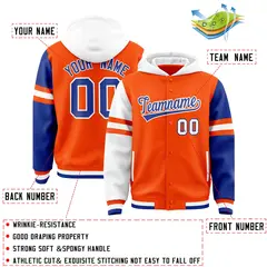 Orange White-Royal Raglan Three Stripes Varsity Full-Snap Letterman Jacket Hoodie 4