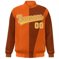 Orange Yellow Color Block Varsity Full-Snap Bomber Jacket 3