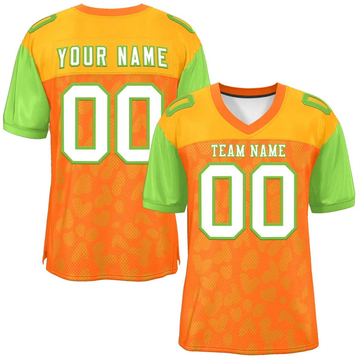Orange Yellow-Neon Green Raglan Sleeves Camo Football Jersey