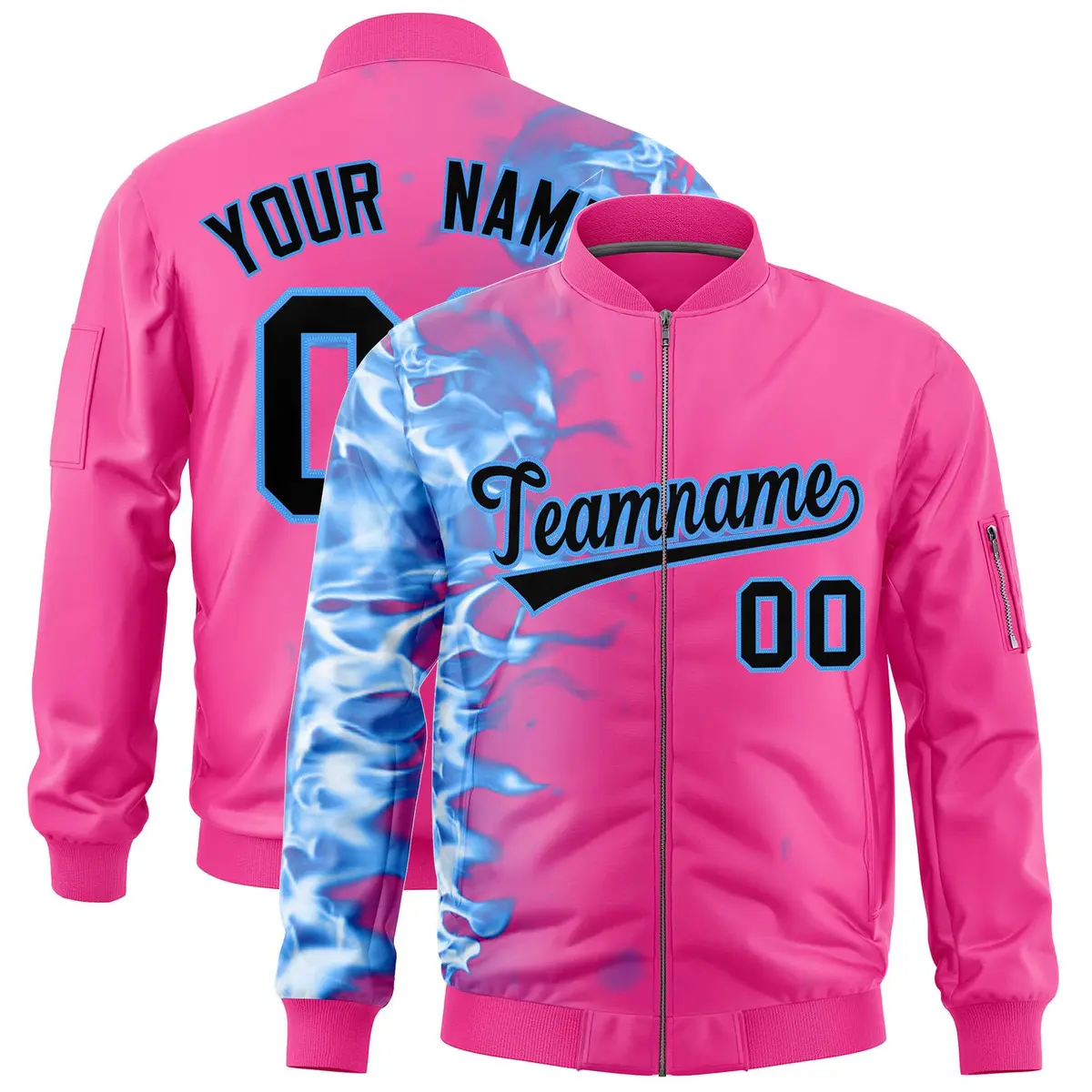 Pink 3D Flame Full-Zip Varsity Letterman Bomber Jacket