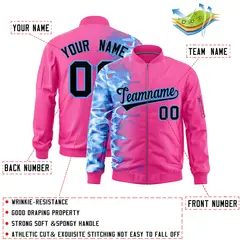 Pink 3D Flame Full-Zip Varsity Letterman Bomber Jacket 2