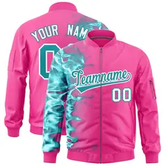 Pink 3D Flame Full-Zip Varsity Letterman Bomber Jacket 1