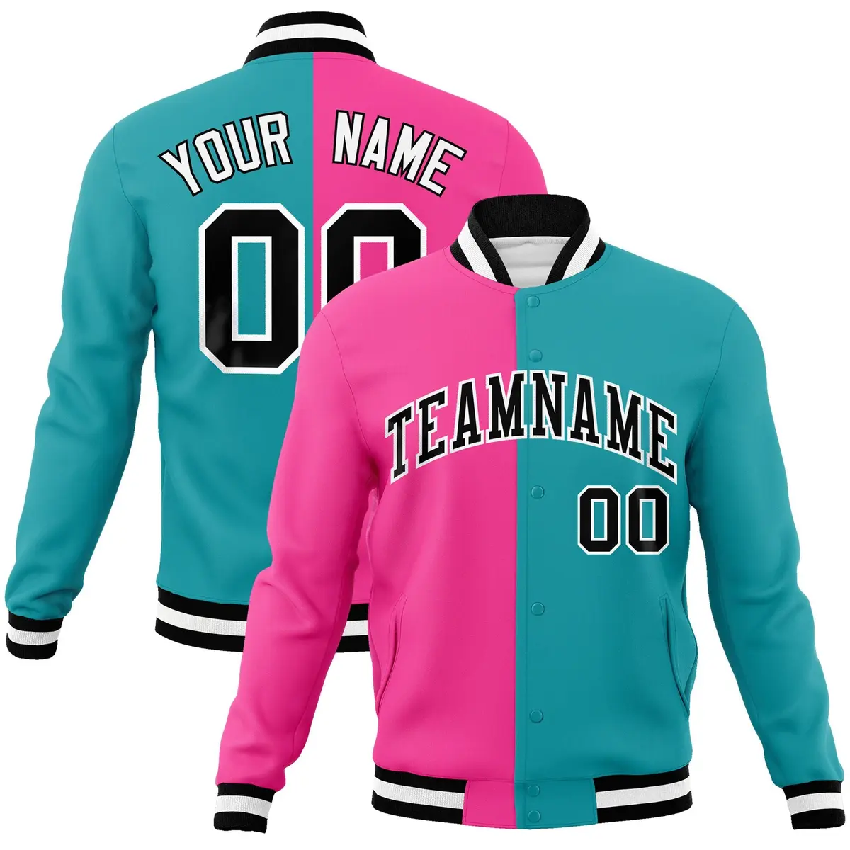 Pink Aqua-Black Two Tone Split Varsity Letterman Jacket