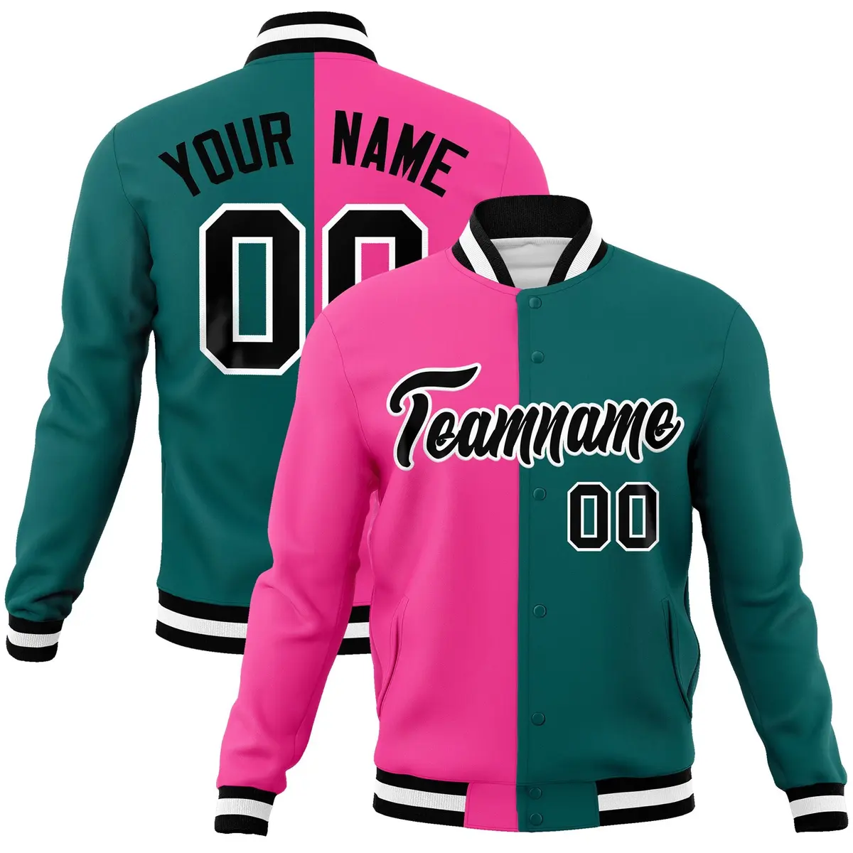 Pink Aqua-Black Two Tone Split Varsity Letterman Jacket