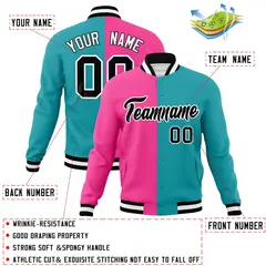 Pink Aqua-Black Two Tone Split Varsity Letterman Jacket 4