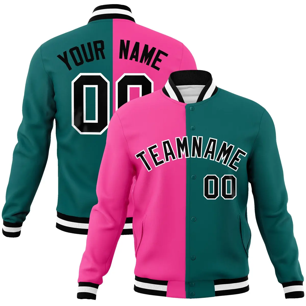 Pink Aqua-Black Two Tone Split Varsity Letterman Jacket