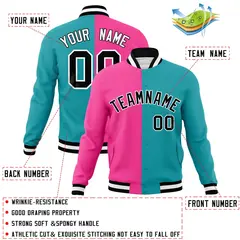 Pink Aqua-Black Two Tone Split Varsity Letterman Jacket 4