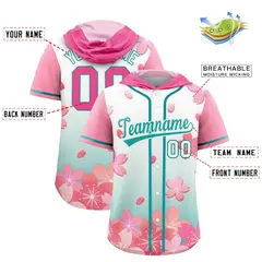 Pink Aqua Cherry Blossoms Raglan Hooded Baseball Jersey 2