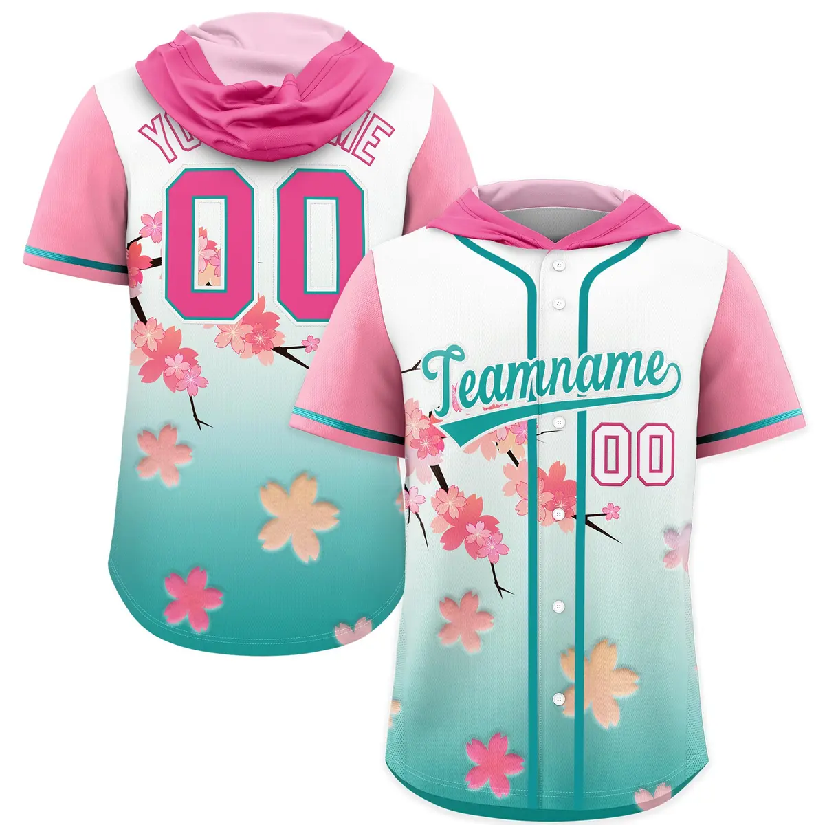 Pink Aqua Cherry Blossoms Raglan Hooded Baseball Jersey