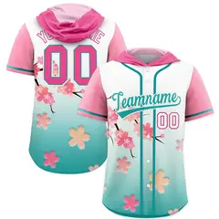 Pink Aqua Cherry Blossoms Raglan Hooded Baseball Jersey