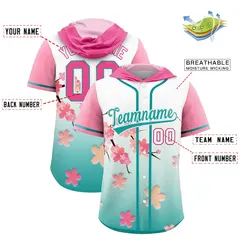 Pink Aqua Cherry Blossoms Raglan Hooded Baseball Jersey 2