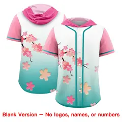 Pink Aqua Cherry Blossoms Raglan Hooded Baseball Jersey 7