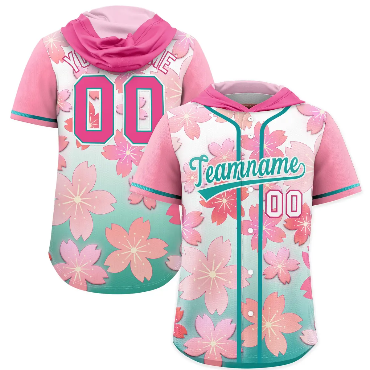 Pink Aqua Cherry Blossoms Raglan Hooded Baseball Jersey
