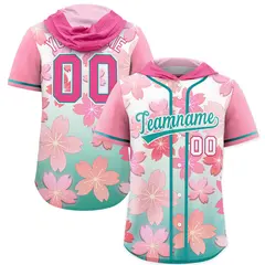 Pink Aqua Cherry Blossoms Raglan Hooded Baseball Jersey 1