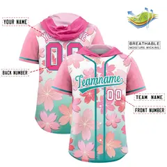 Pink Aqua Cherry Blossoms Raglan Hooded Baseball Jersey 2
