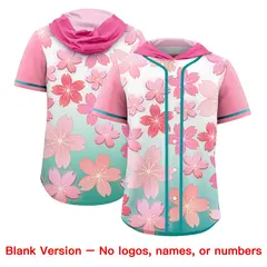 Pink Aqua Cherry Blossoms Raglan Hooded Baseball Jersey 7