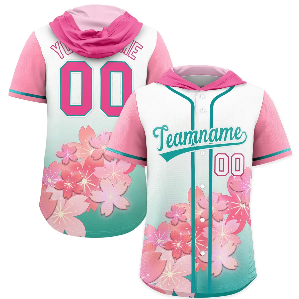 Pink Aqua Cherry Blossoms Raglan Hooded Baseball Jersey