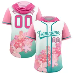 Pink Aqua Cherry Blossoms Raglan Hooded Baseball Jersey 1