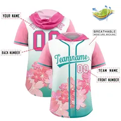 Pink Aqua Cherry Blossoms Raglan Hooded Baseball Jersey 2