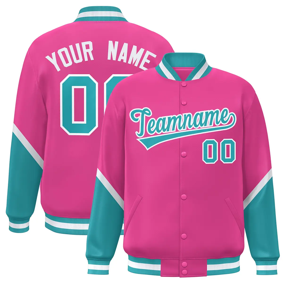 Pink Aqua Color Block Full-Snap Varsity Letterman Baseball Jacket