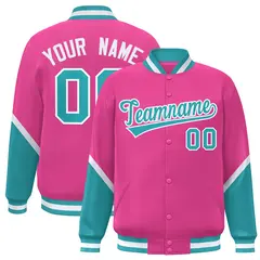 Pink Aqua Color Block Full-Snap Varsity Letterman Baseball Jacket