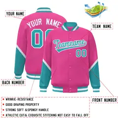 Pink Aqua Color Block Full-Snap Varsity Letterman Baseball Jacket 2