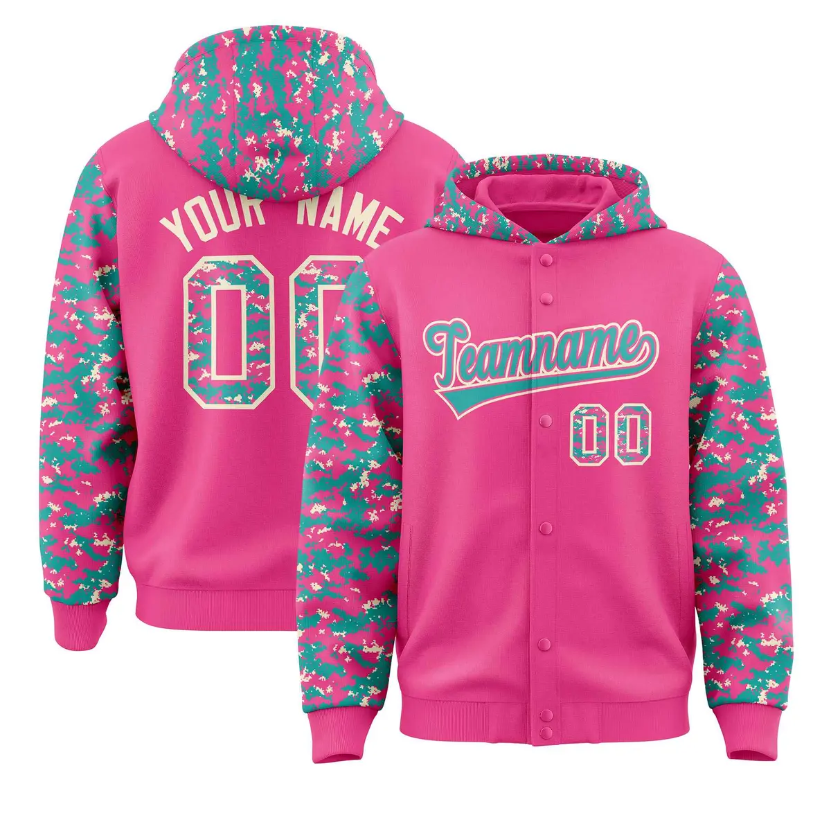 Pink Aqua-Cream Raglan Camo Varsity Full-Snap Letterman Jacket